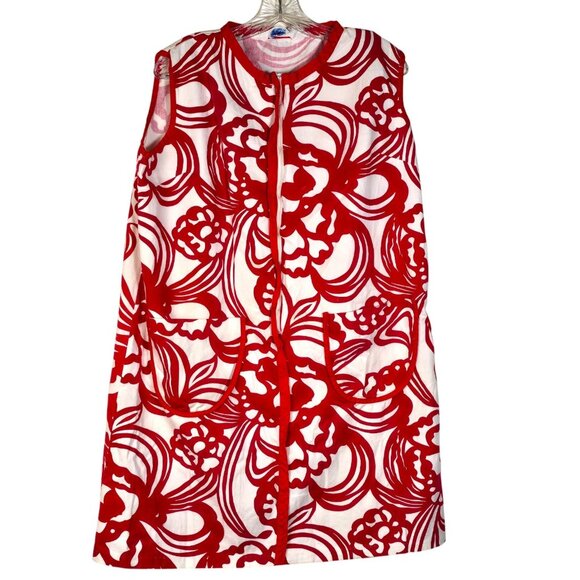 Time Off Dresses & Skirts - Vintage Zip Front House Dress Size 42 Red White Floral Time Off Loungewear 70s